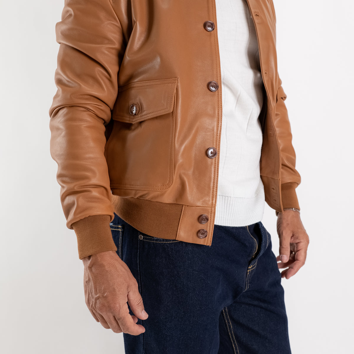 Bomber con bottoni in Vera Pelle - Caramello