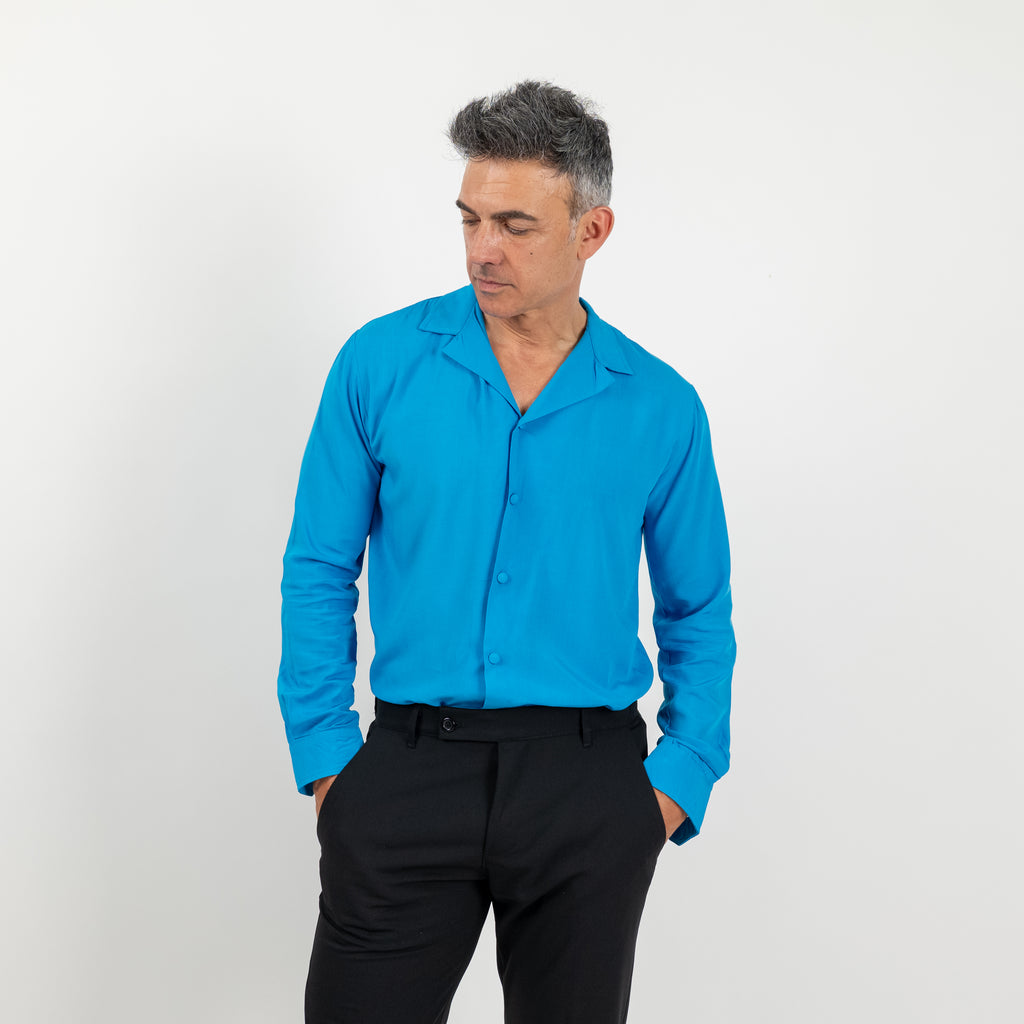 Camicia in viscosa con bottoni ricoperti - Turchese