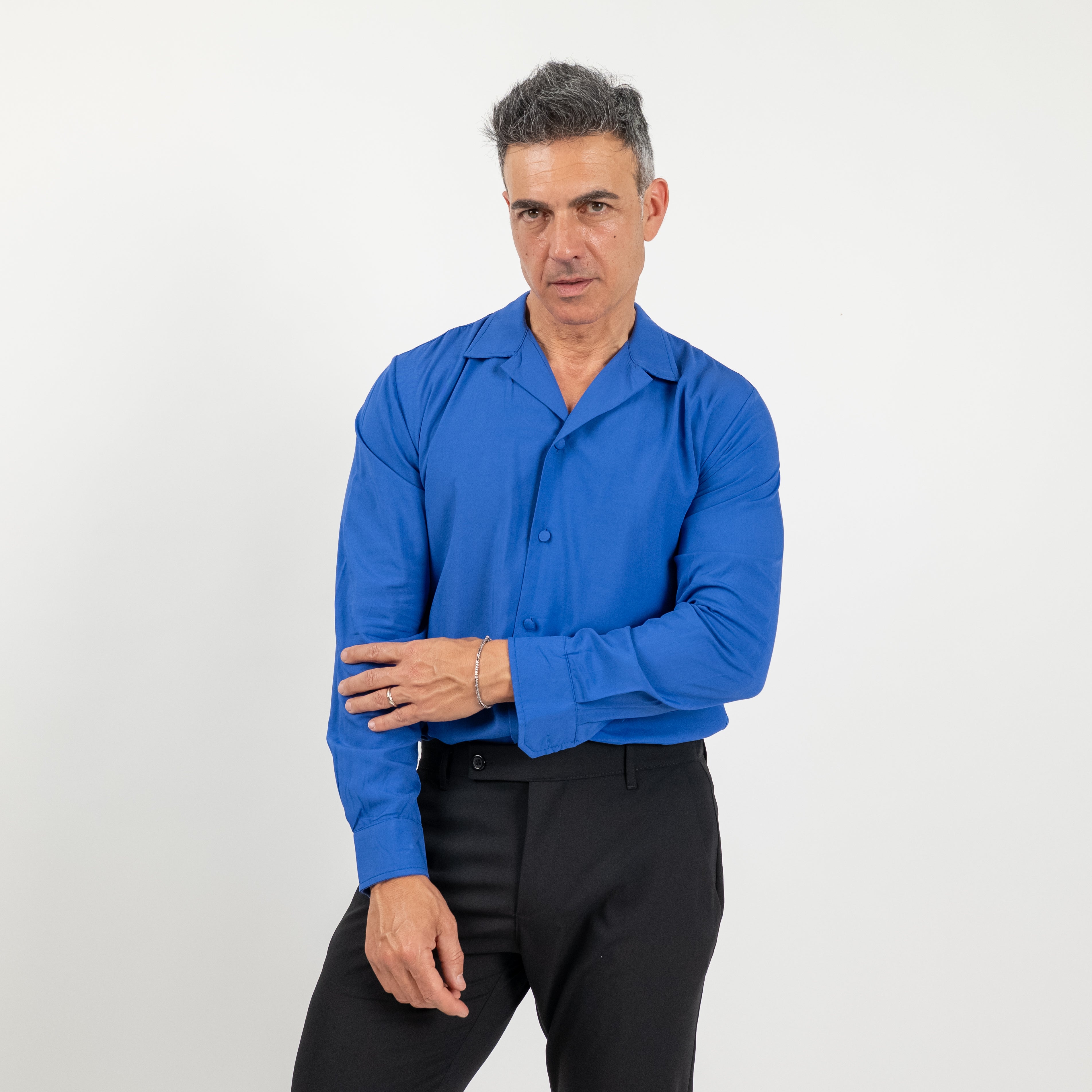 Camicia in viscosa con bottoni ricoperti - Blu Royal