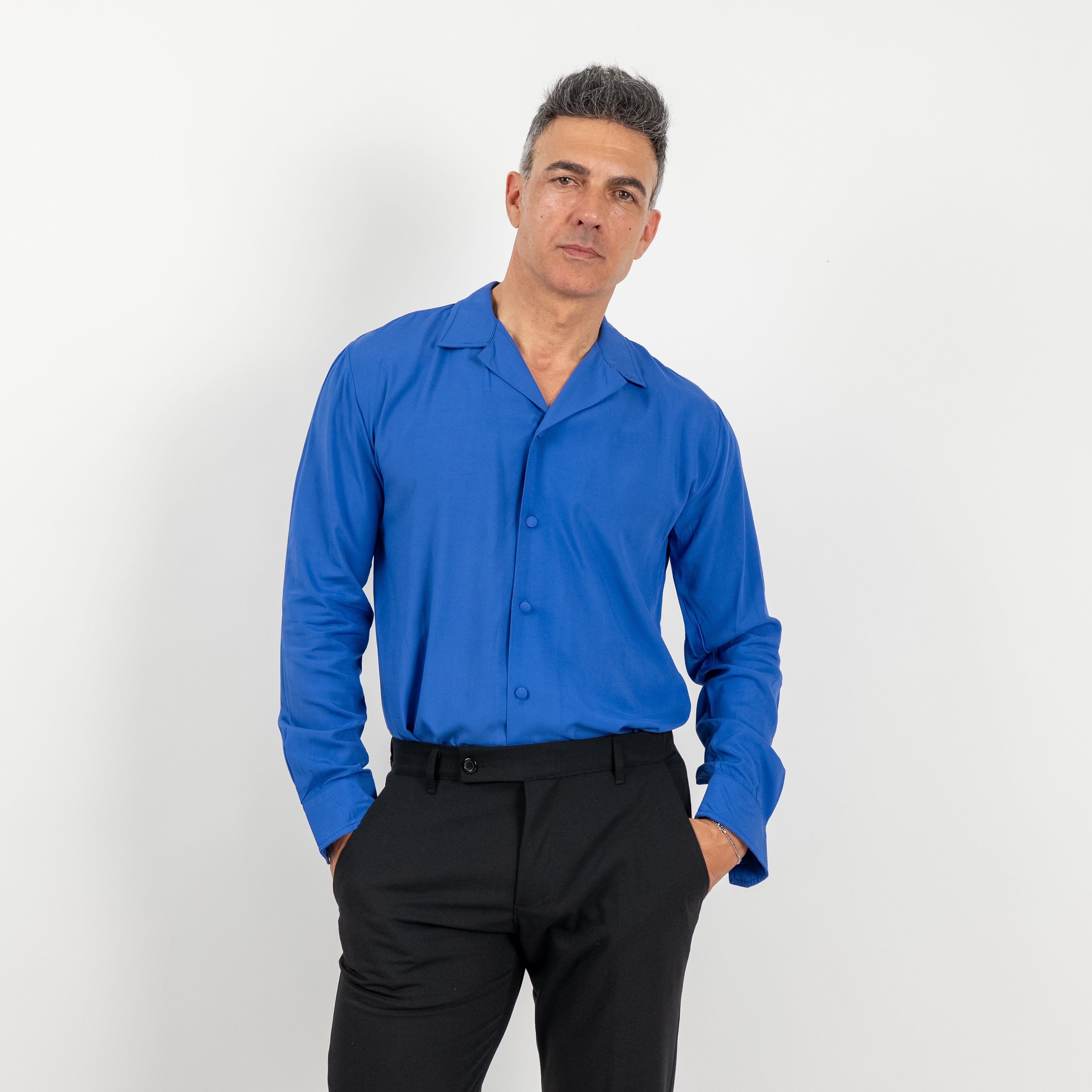 Camicia in viscosa con bottoni ricoperti - Blu Royal