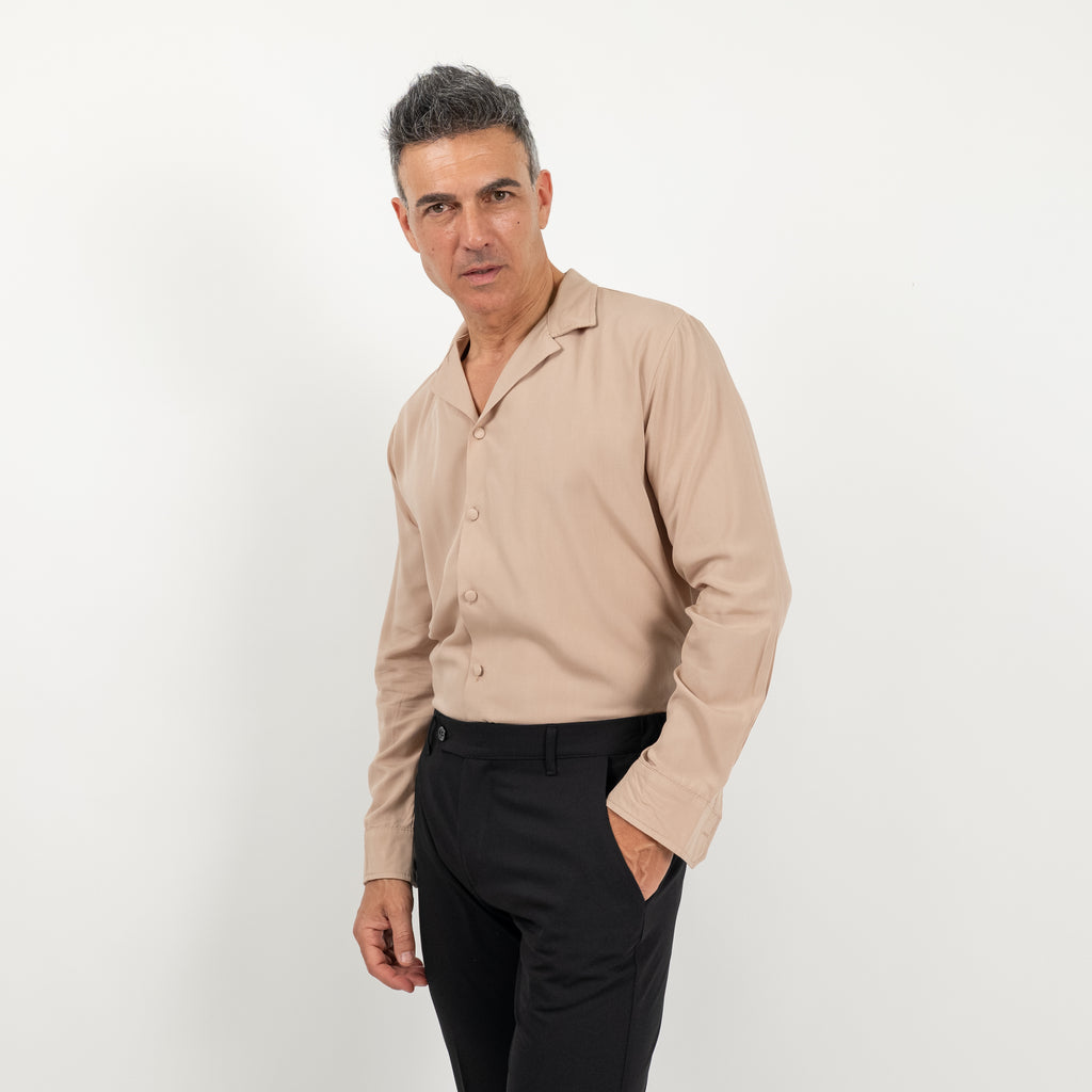 Viscose Shirt with Covered Buttons - Beige