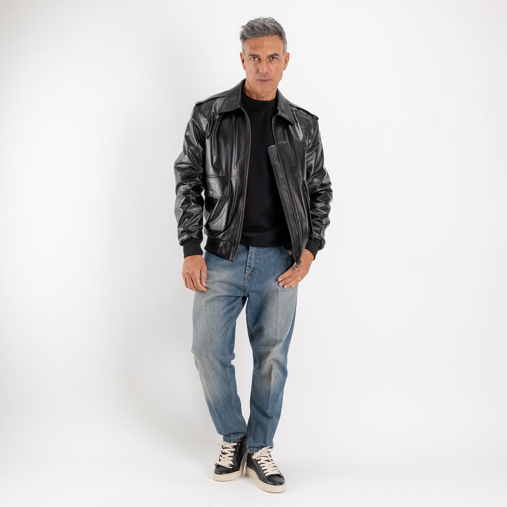 Giacca Aviatore in Vera Pelle - Nero