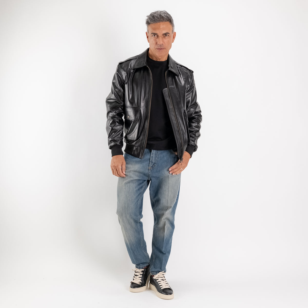 Giacca Aviatore in Vera Pelle - Nero