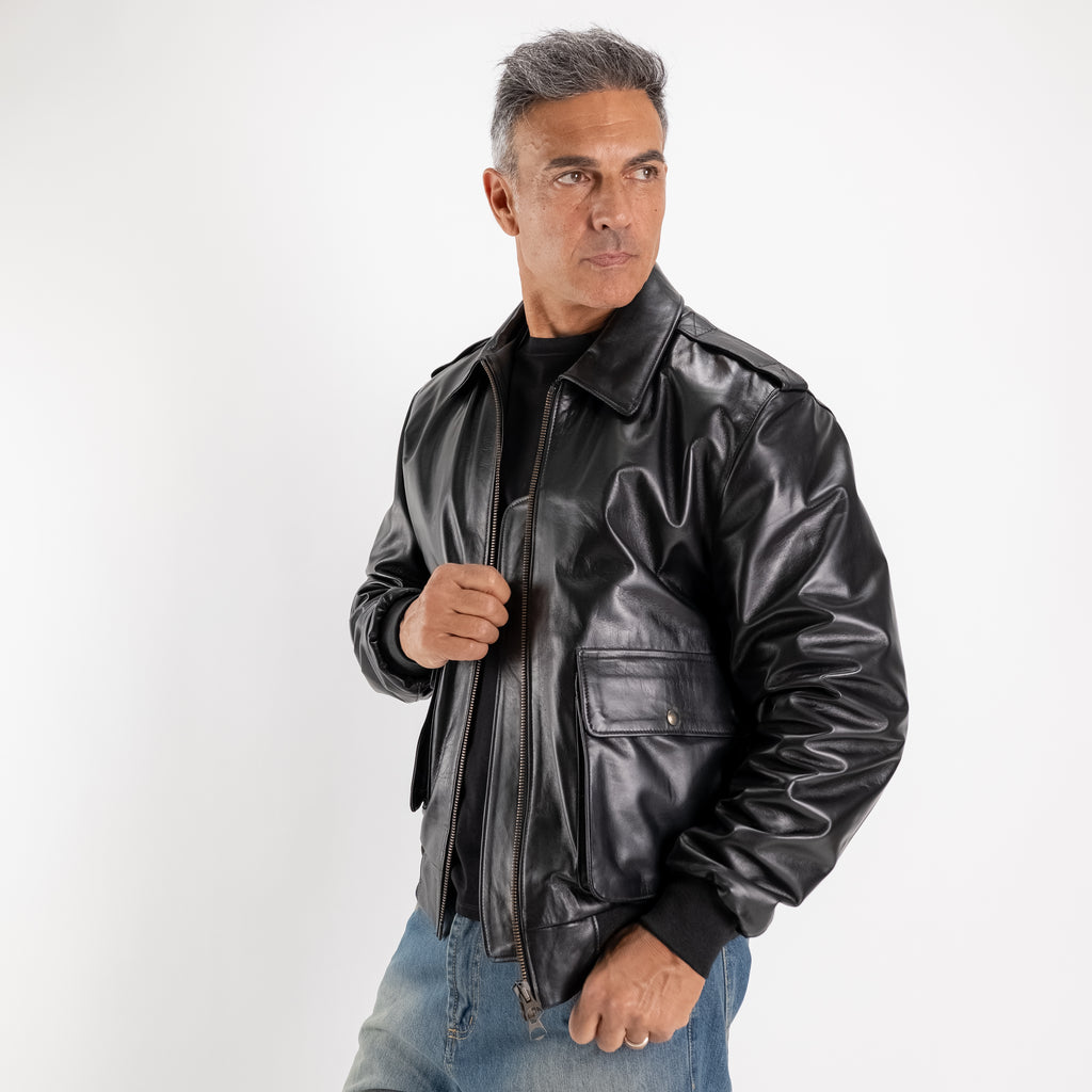 Giacca Aviatore in Vera Pelle - Nero
