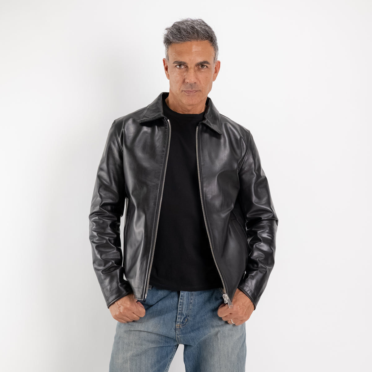 Giacca con colletto in Vera Pelle – Nero