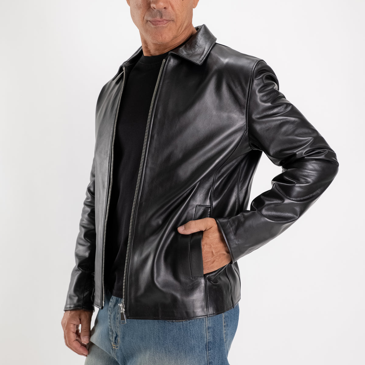 Giacca con colletto in Vera Pelle – Nero