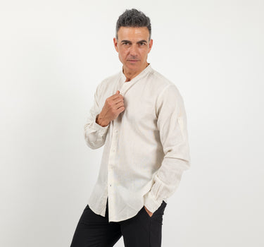 Camicia con colletto coreano 100% lino - Beige
