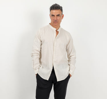 Camicia con colletto coreano 100% lino - Beige