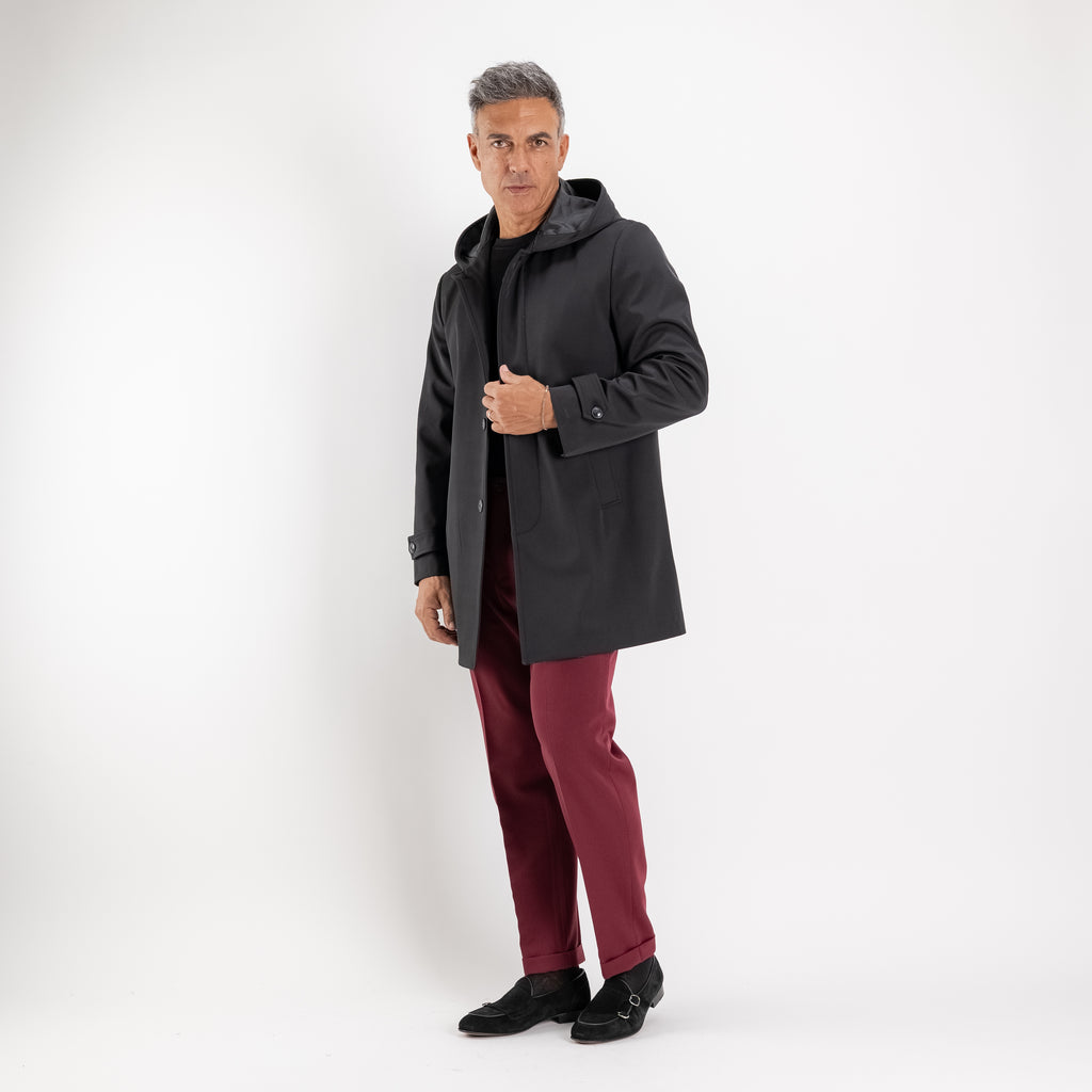 Trench monopetto con cappuccio - Nero