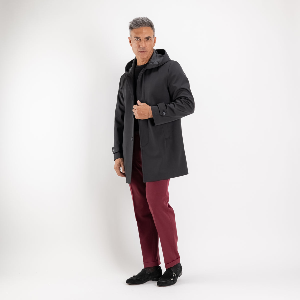 Trench monopetto con cappuccio - Nero