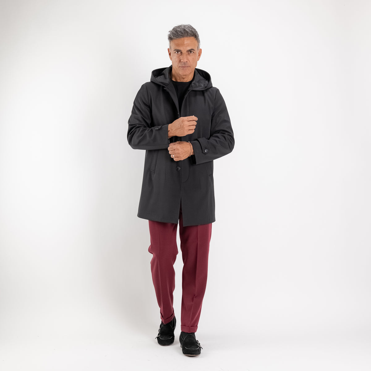 Trench monopetto con cappuccio - Nero