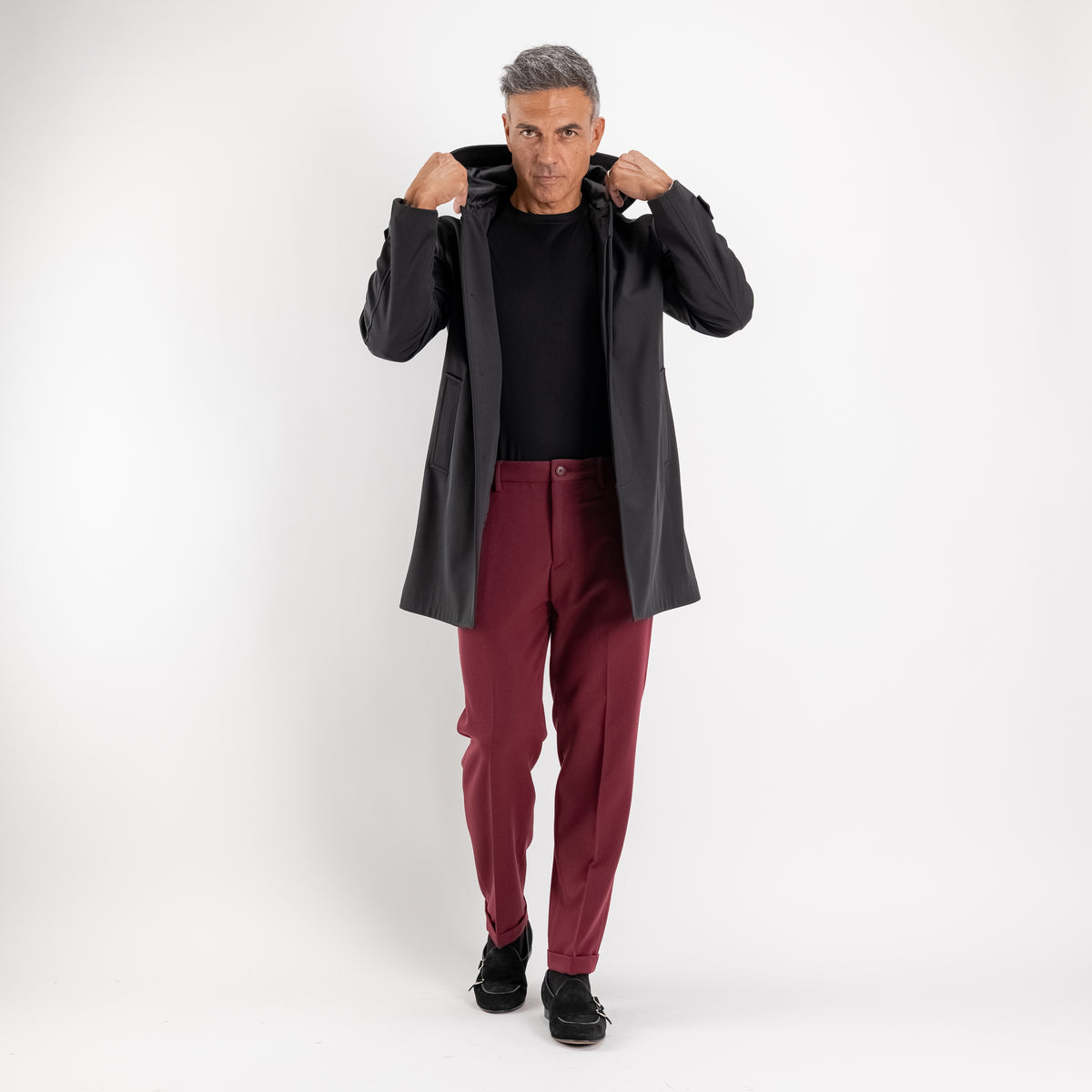 Trench monopetto con cappuccio - Nero