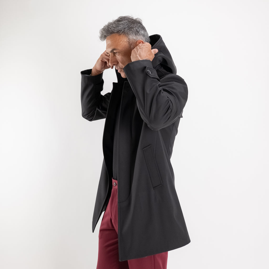 Trench monopetto con cappuccio - Nero