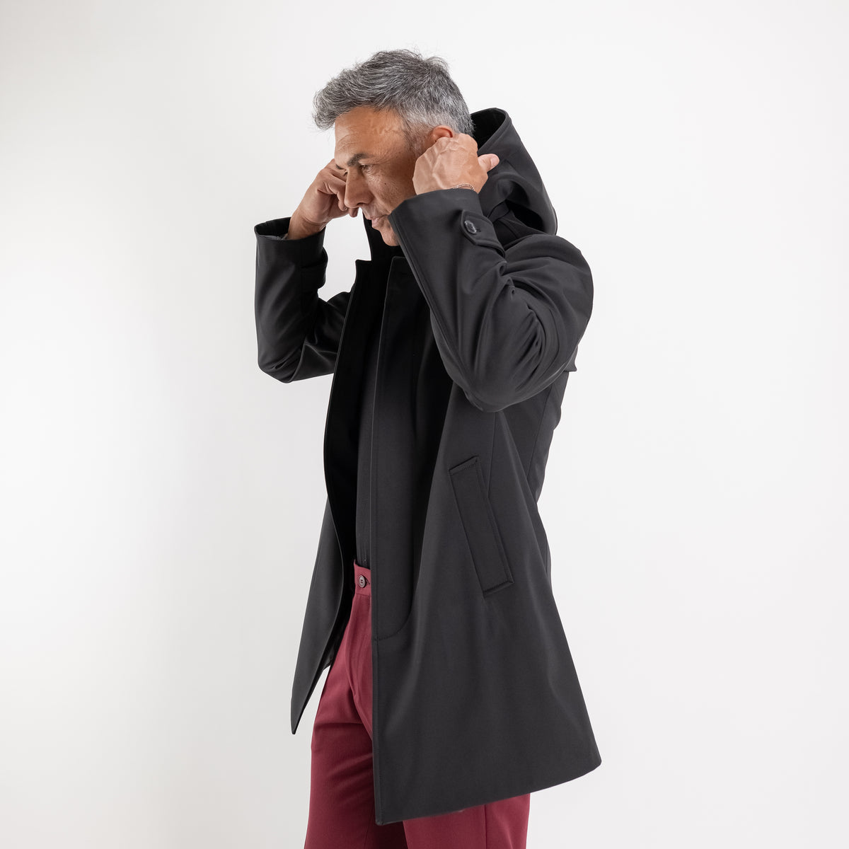 Trench monopetto con cappuccio - Nero