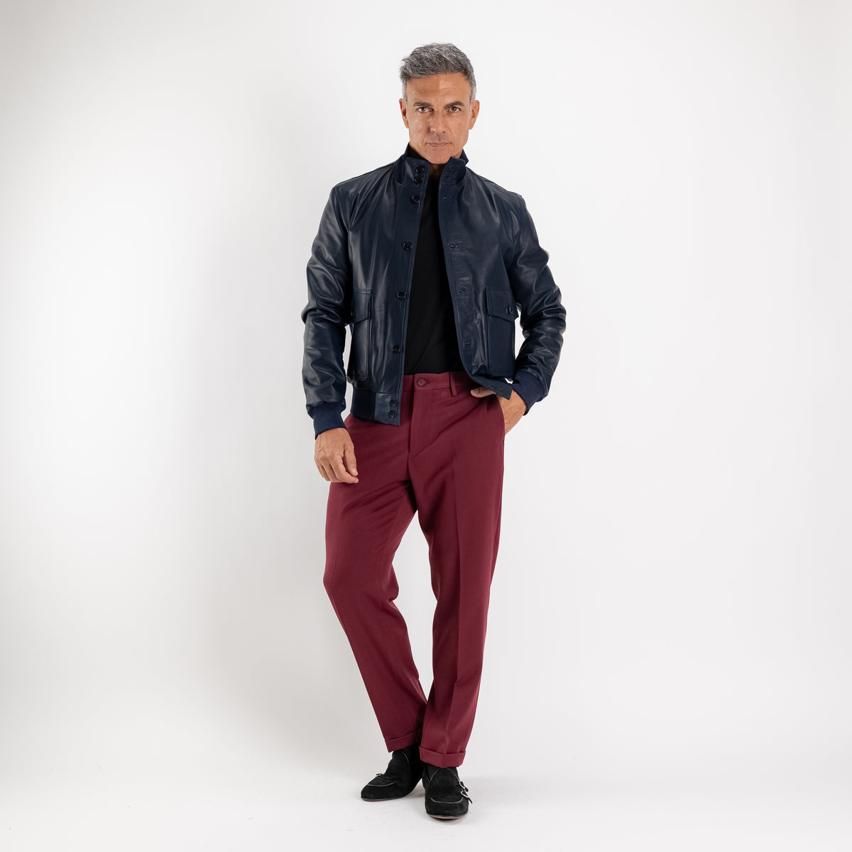Genuine Leather Button-Up Bomber Jacket - Blue