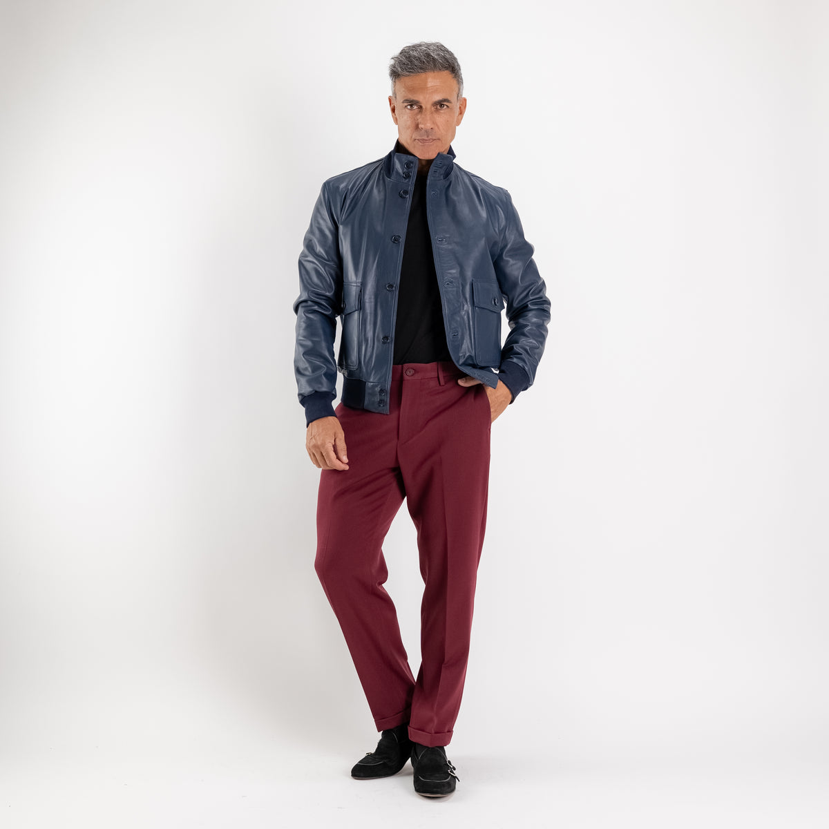 Bomber con bottoni in Vera Pelle - Blu