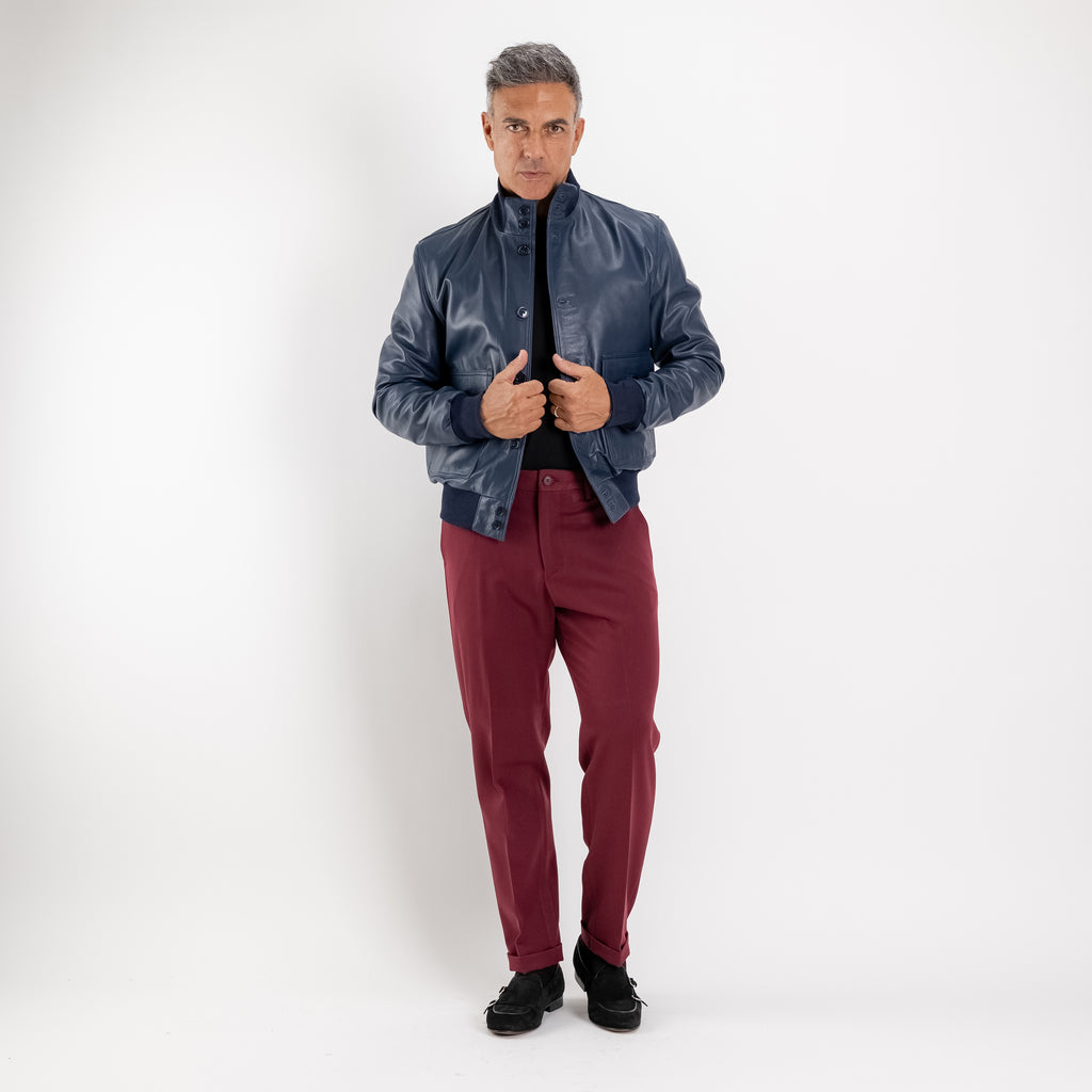 Bomber con bottoni in Vera Pelle - Blu