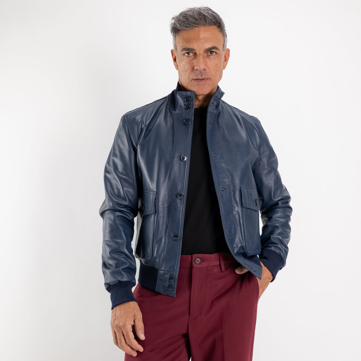 Bomber con bottoni in Vera Pelle - Blu