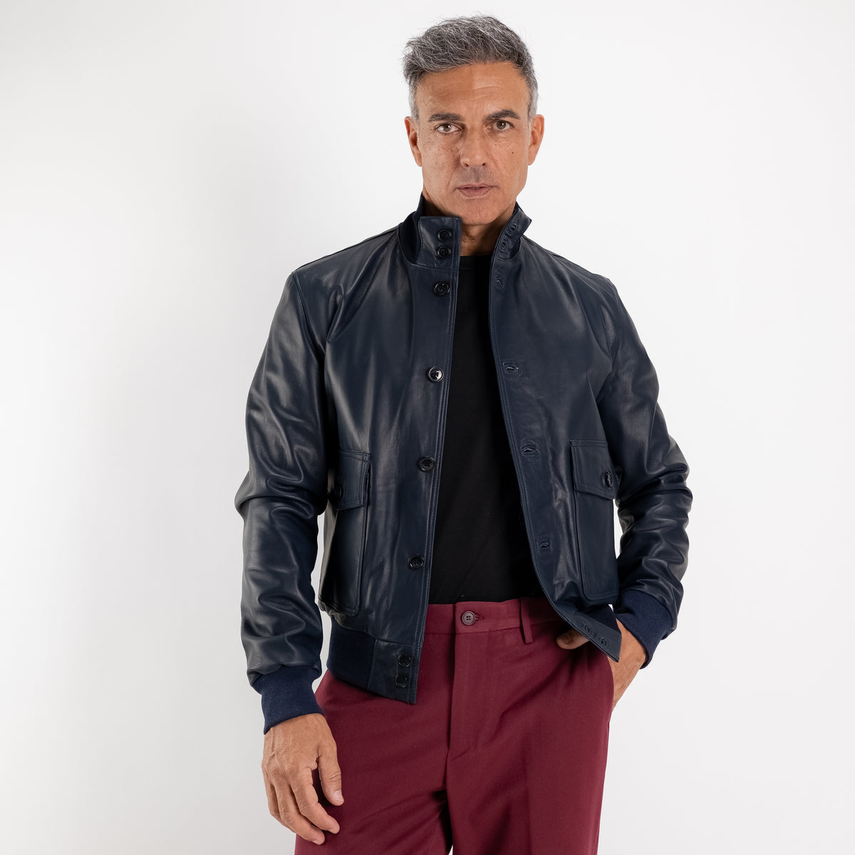 Genuine Leather Button-Up Bomber Jacket - Blue