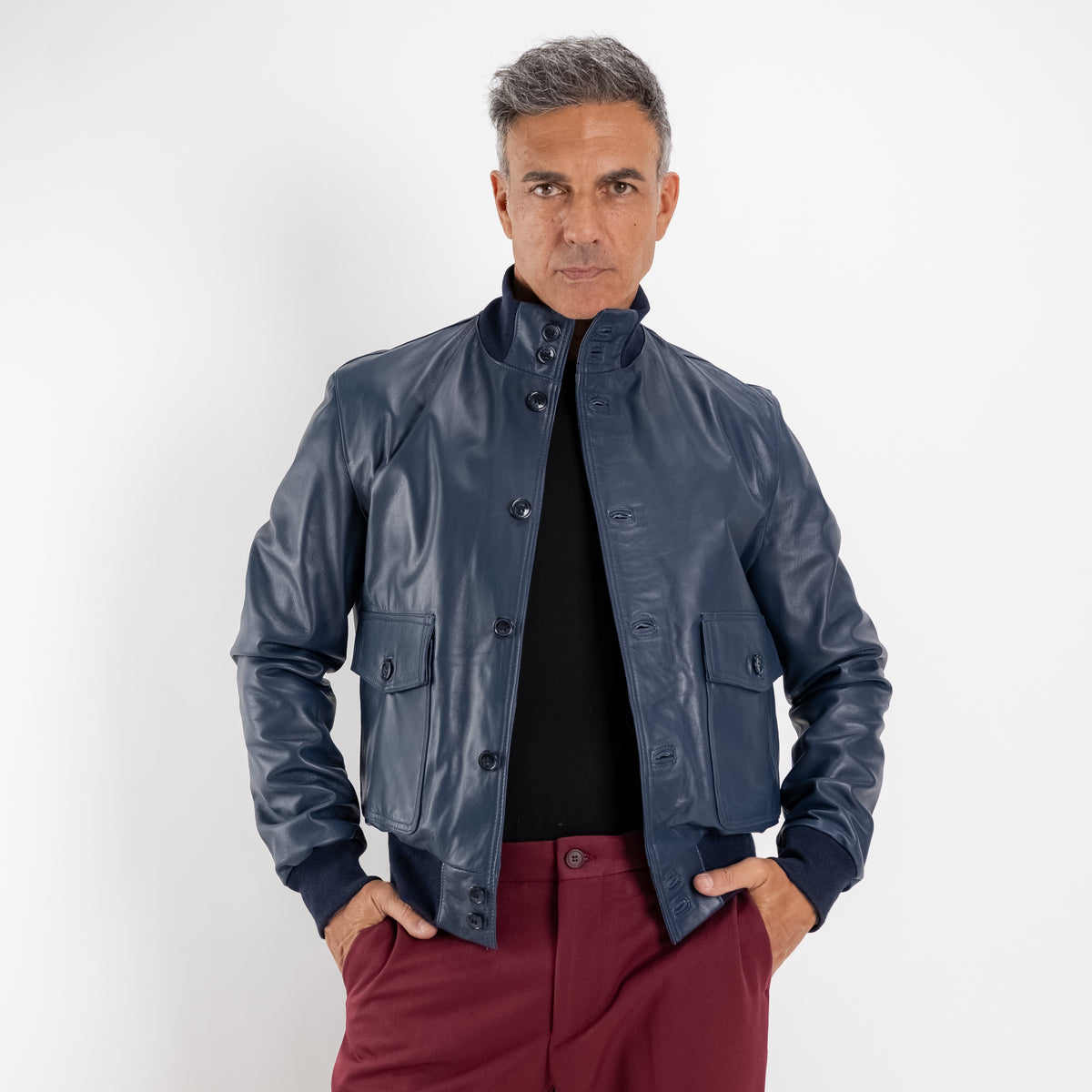 Bomber con bottoni in Vera Pelle - Blu