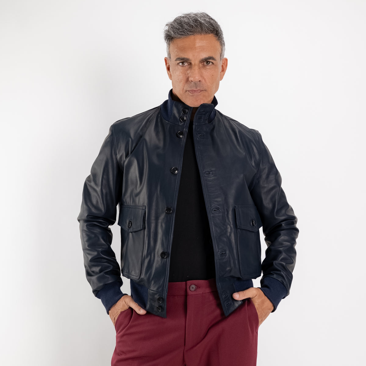 Genuine Leather Button-Up Bomber Jacket - Blue