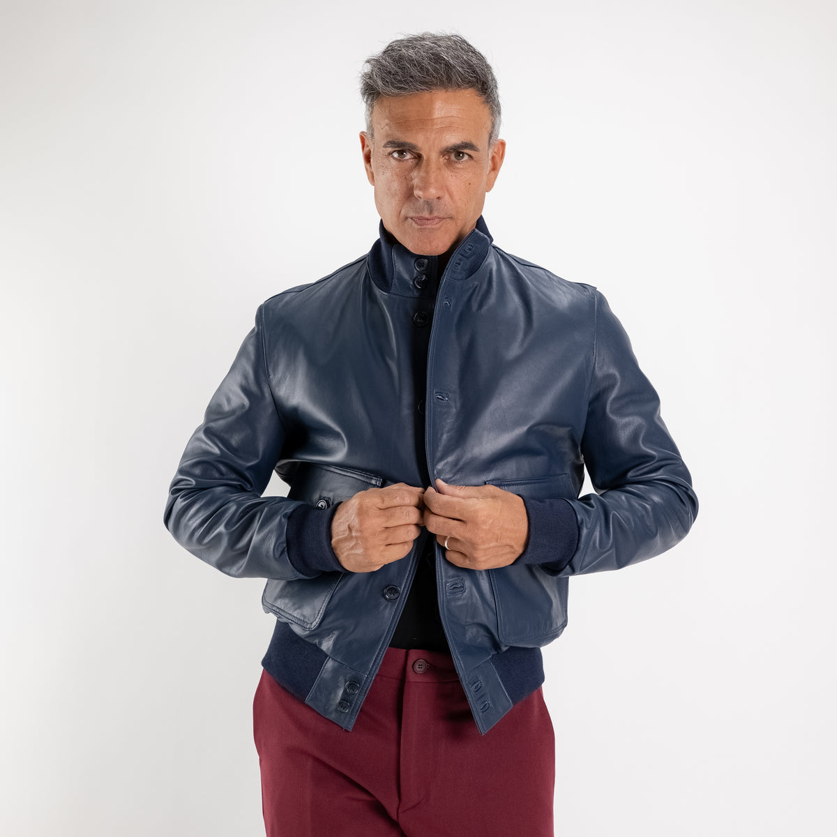 Bomber con bottoni in Vera Pelle - Blu