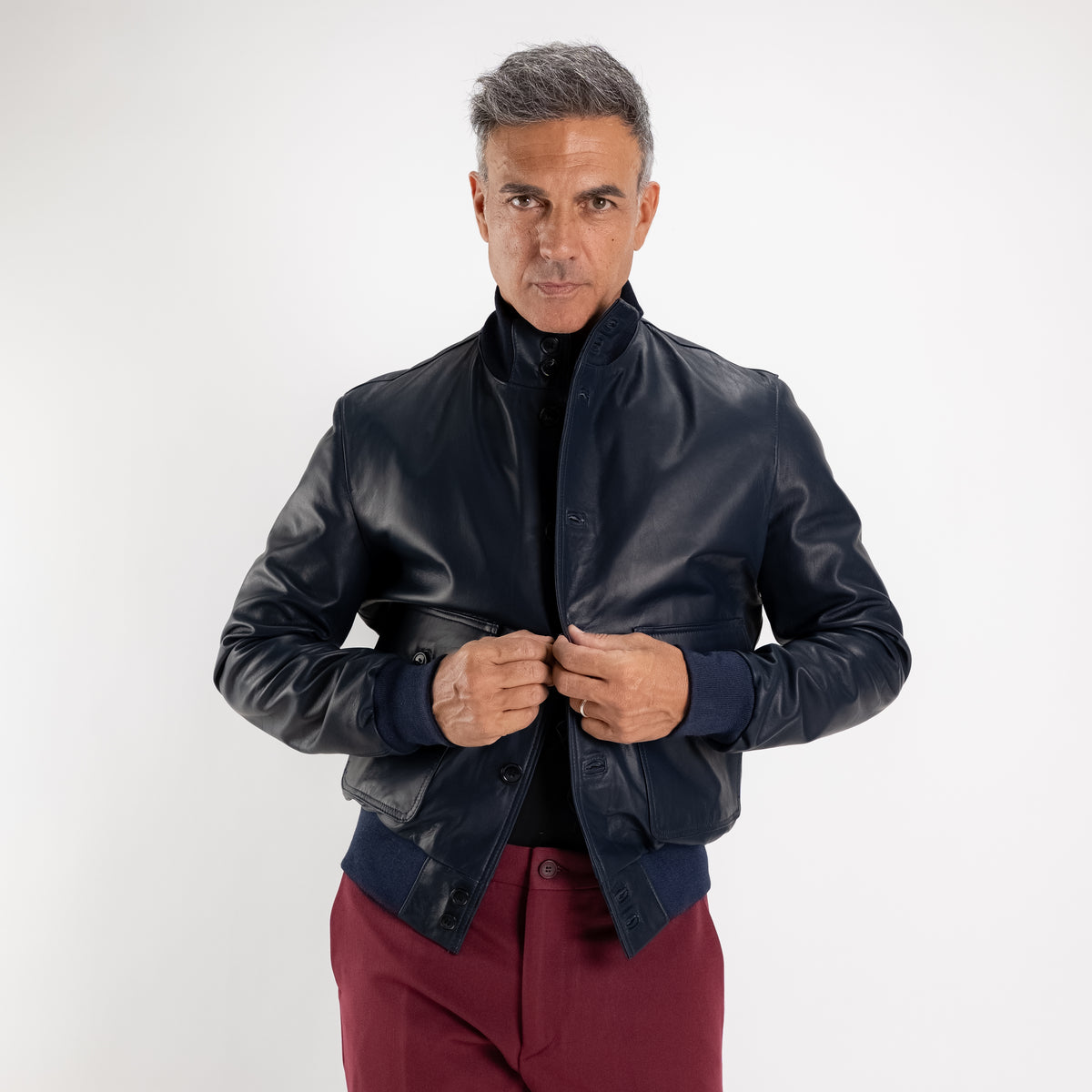 Genuine Leather Button-Up Bomber Jacket - Blue