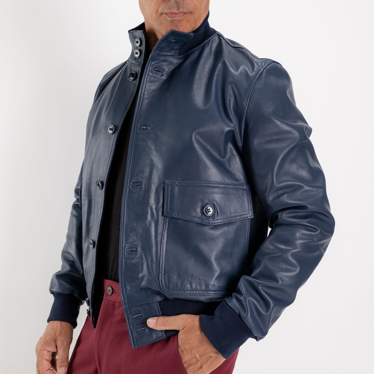 Bomber con bottoni in Vera Pelle - Blu