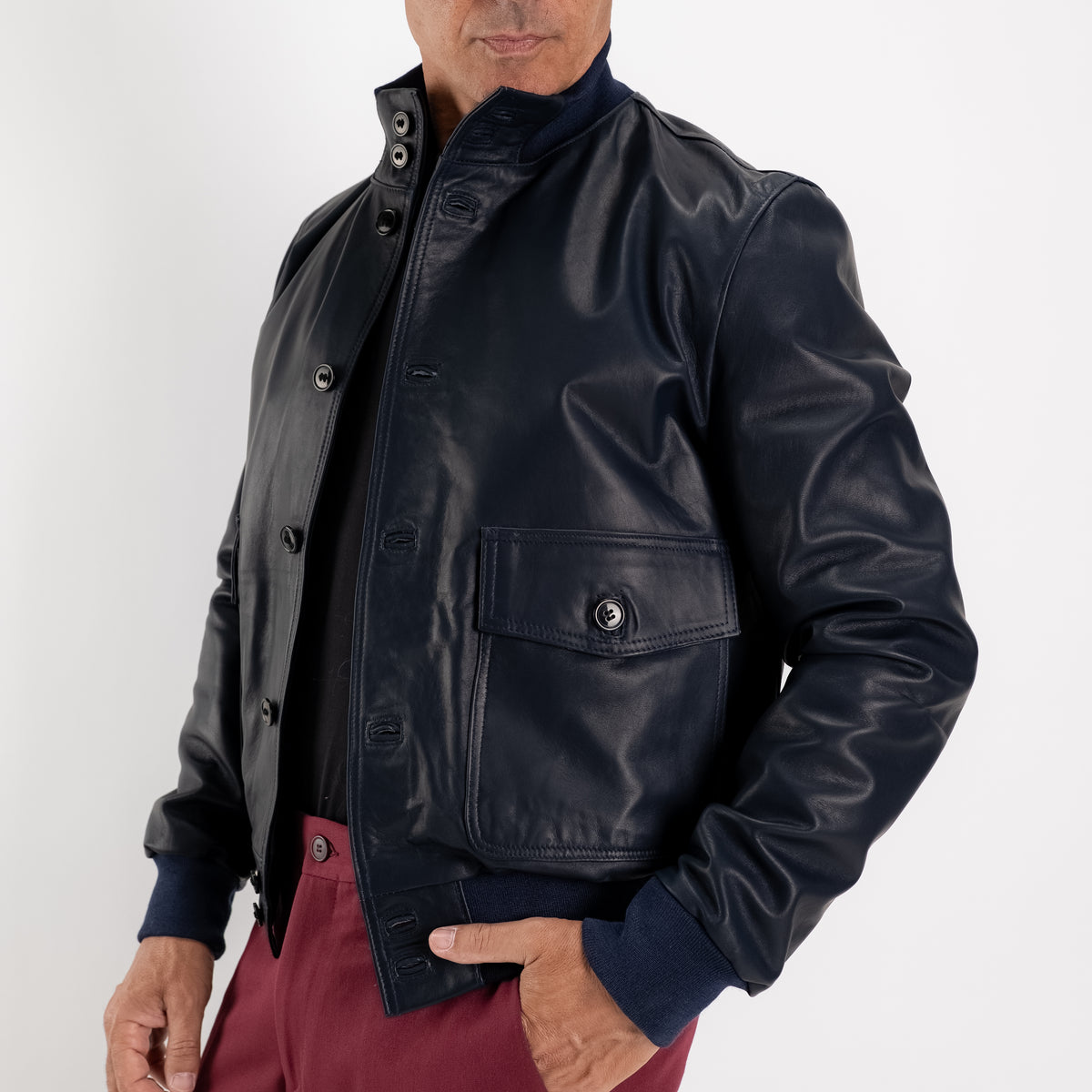 Genuine Leather Button-Up Bomber Jacket - Blue