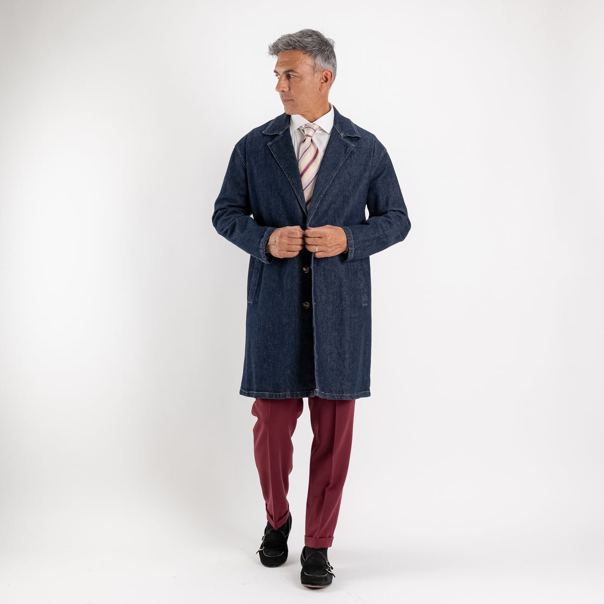 Trench monopetto effetto jeans