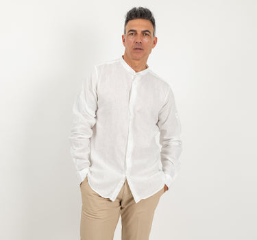 Camicia con colletto coreano 100% lino - Bianco