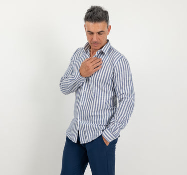 Camicia in lino a rigo largo - Blu Navy