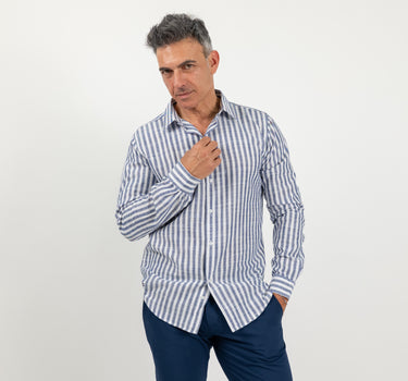 Camicia in lino a rigo largo - Blu Navy