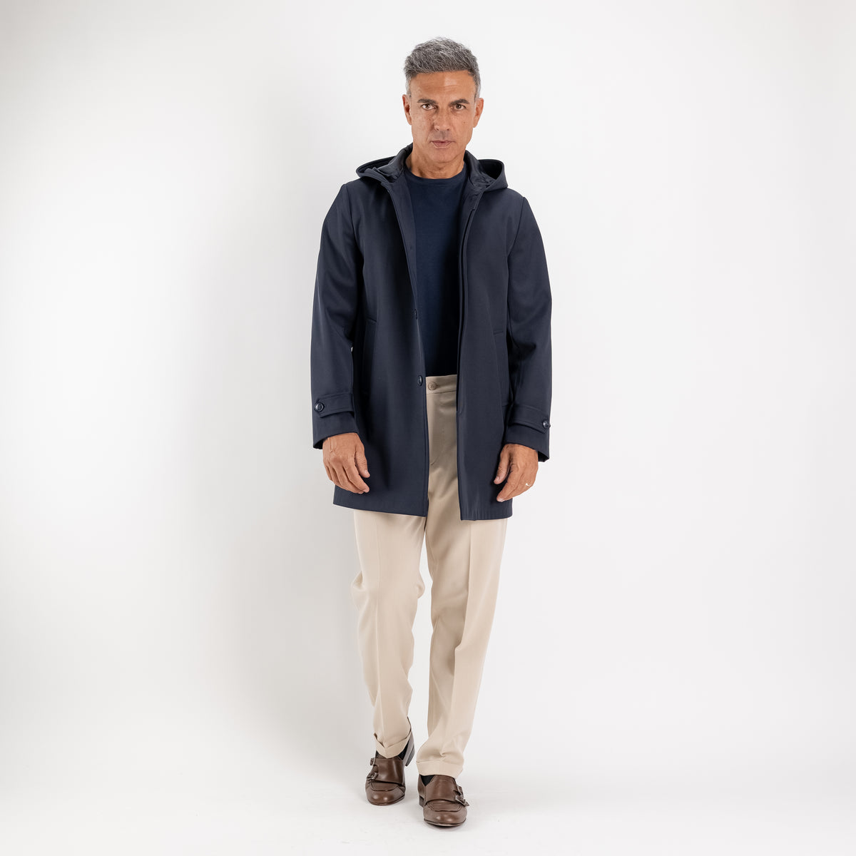 Trench monopetto con cappuccio - Blu