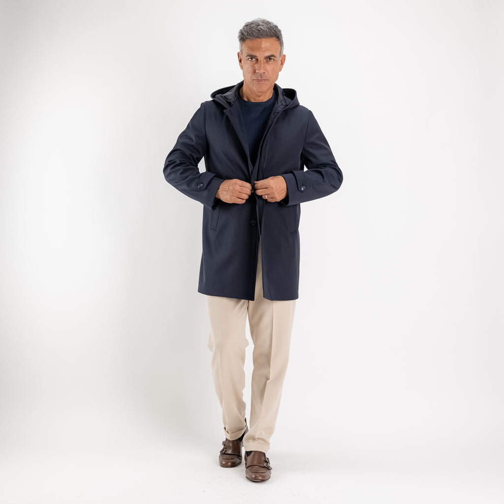 Trench monopetto con cappuccio - Blu