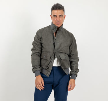 Bomber con bottoni in Vera Pelle Nabuk - Grigio