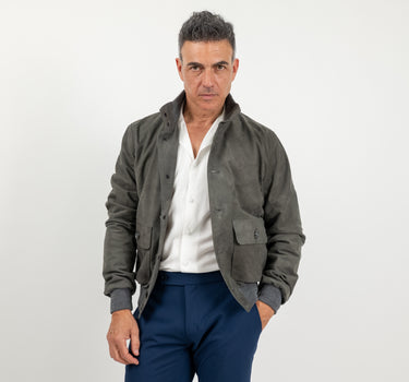 Bomber con bottoni in Vera Pelle Nabuk - Grigio