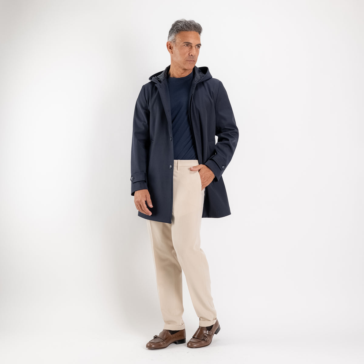 Trench monopetto con cappuccio - Blu