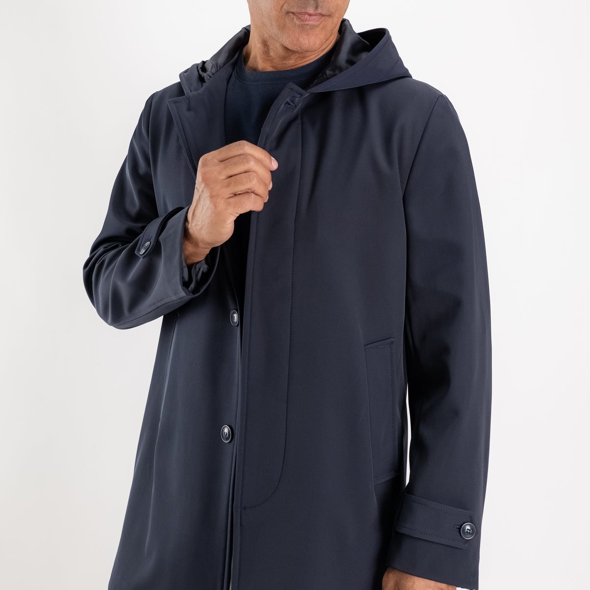 Trench monopetto con cappuccio - Blu