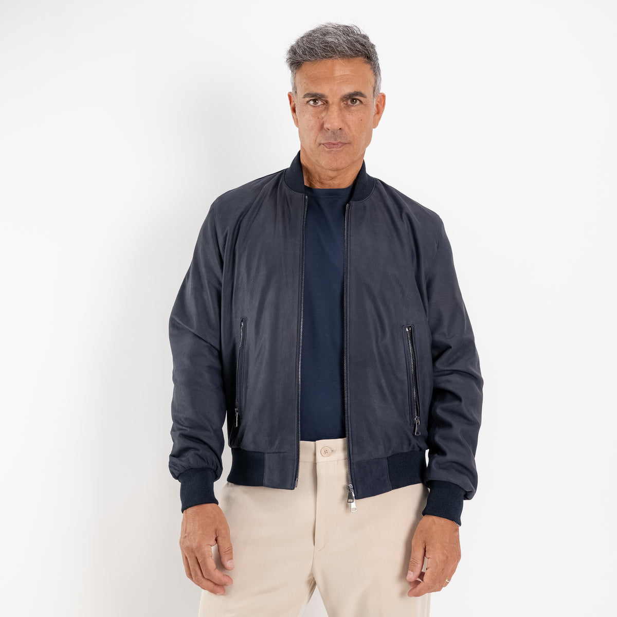 Bomber in Vera Pelle Scamosciata - Blu