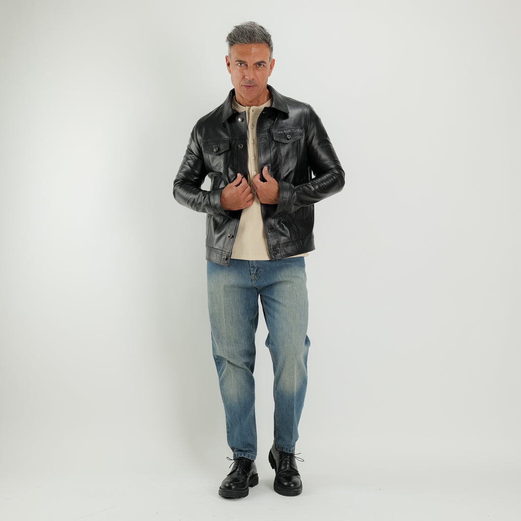 Giacca Trucker in vera pelle - Nero