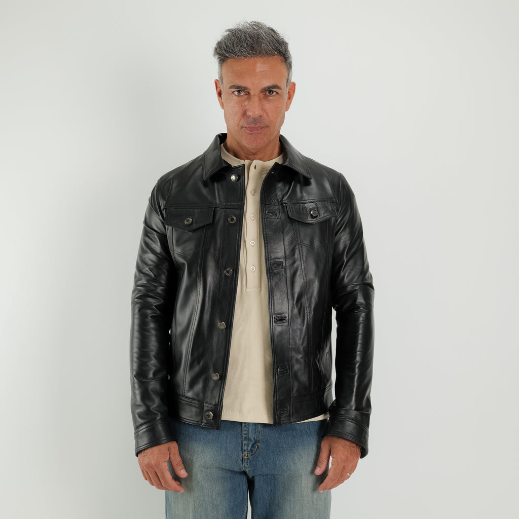 Giacca Trucker in vera pelle - Nero
