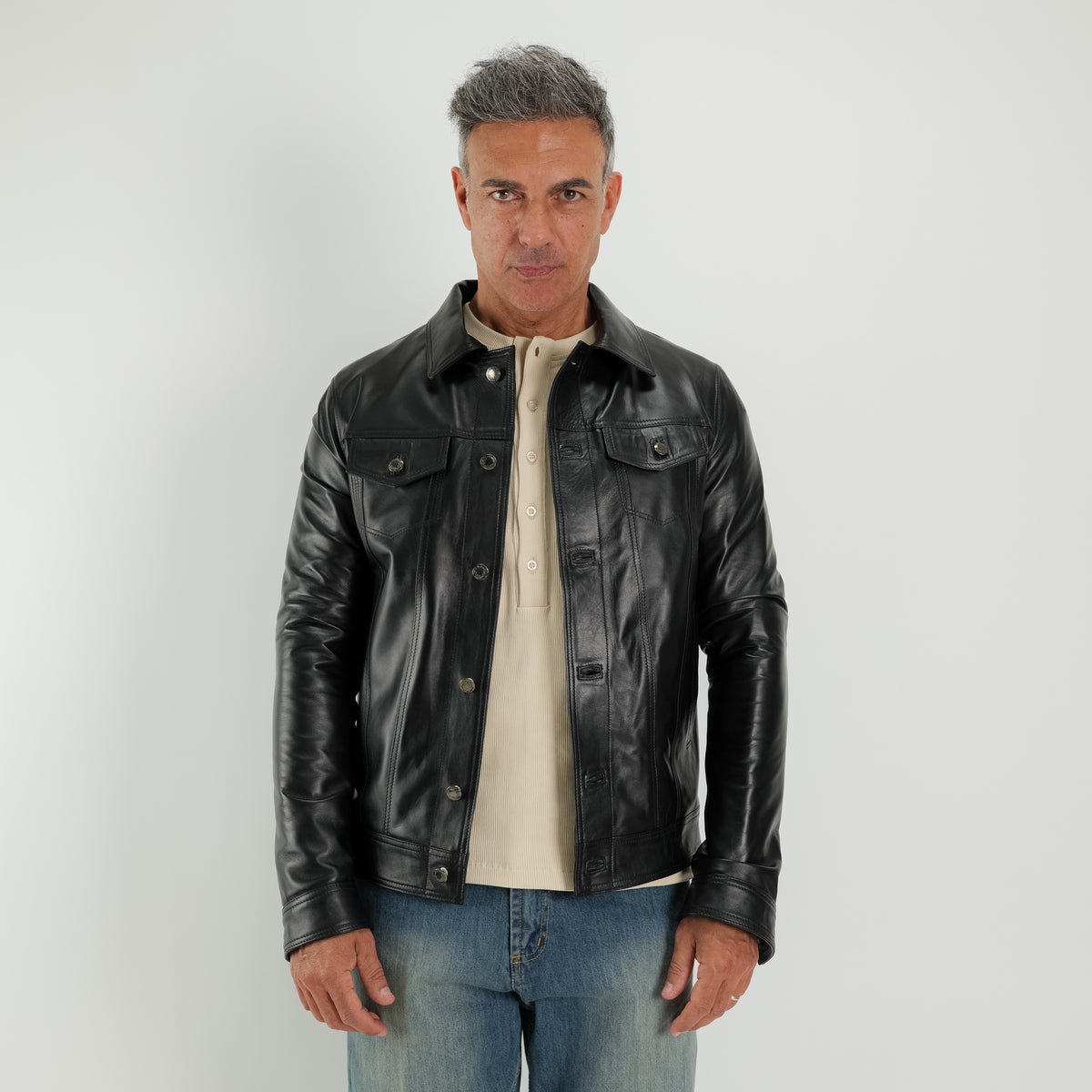 Giacca Trucker in vera pelle - Nero