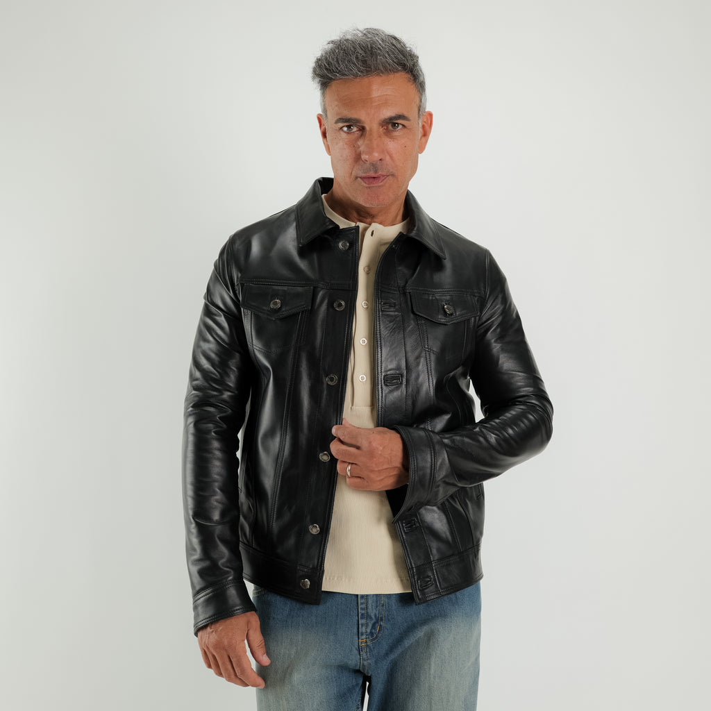 Giacca Trucker in vera pelle - Nero