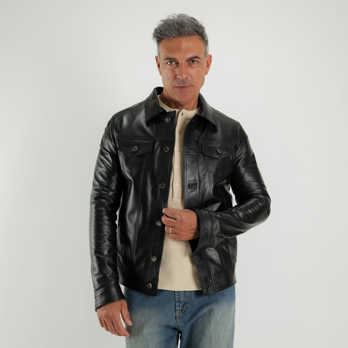 Giacca Trucker in vera pelle - Nero