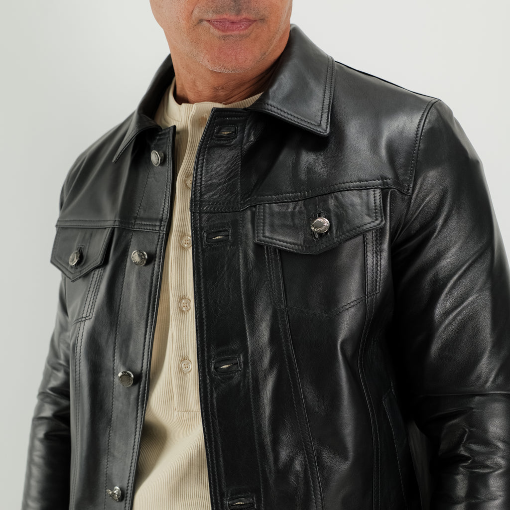 Giacca Trucker in vera pelle - Nero