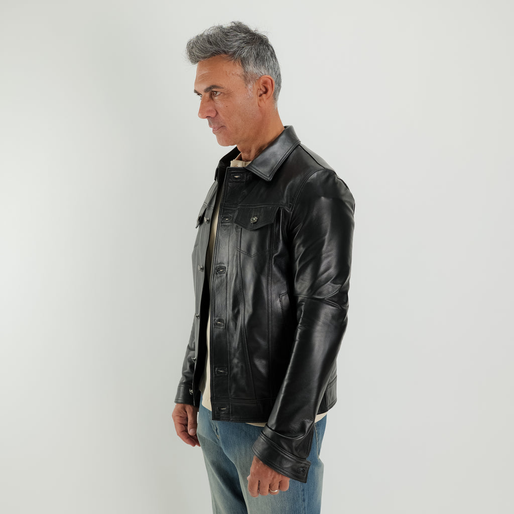 Giacca Trucker in vera pelle - Nero