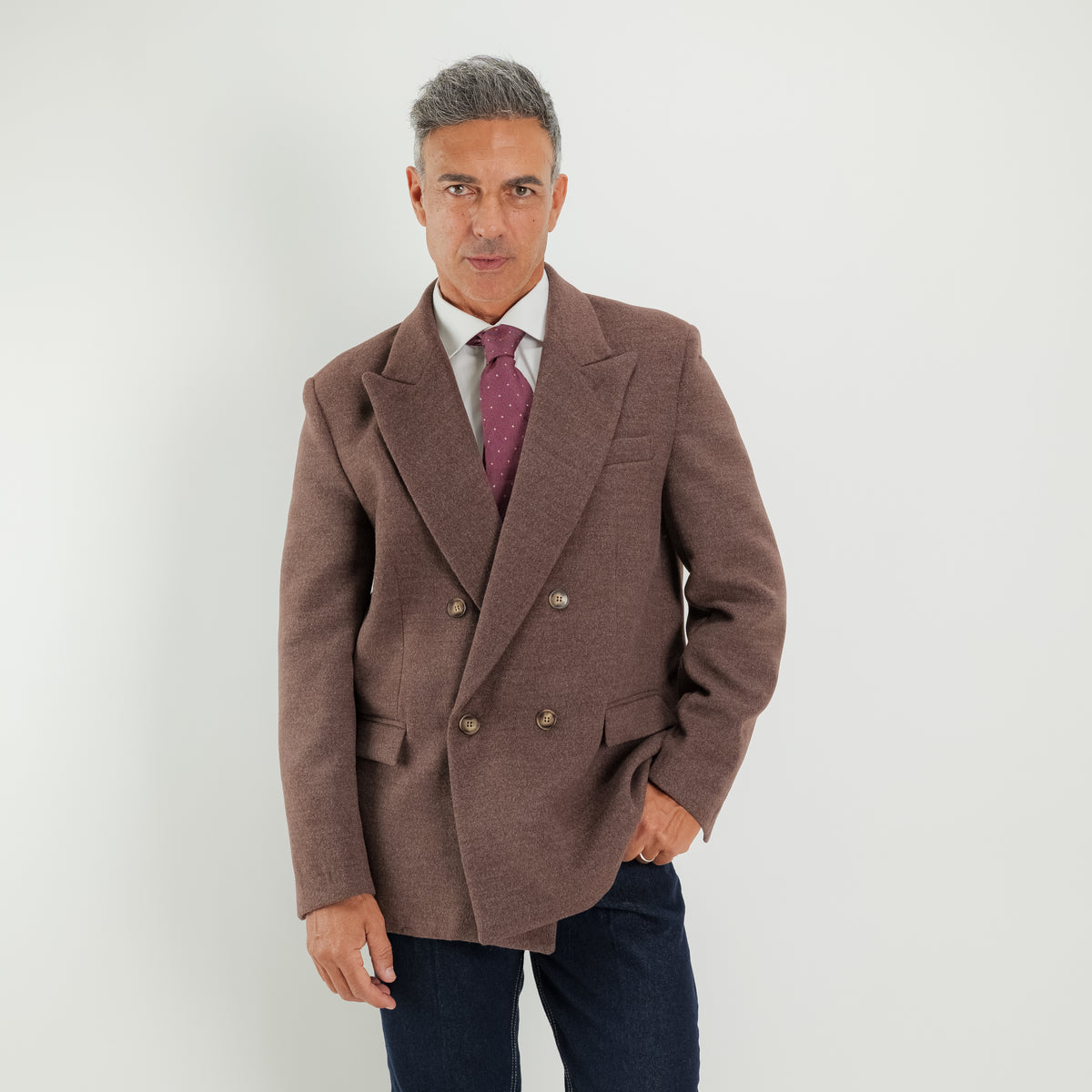 Oversized dubbelrijige korte jas - Donkerbruin
