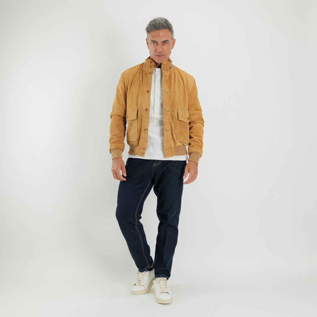 Genuine Split Leather Bomber Jacket with Buttons