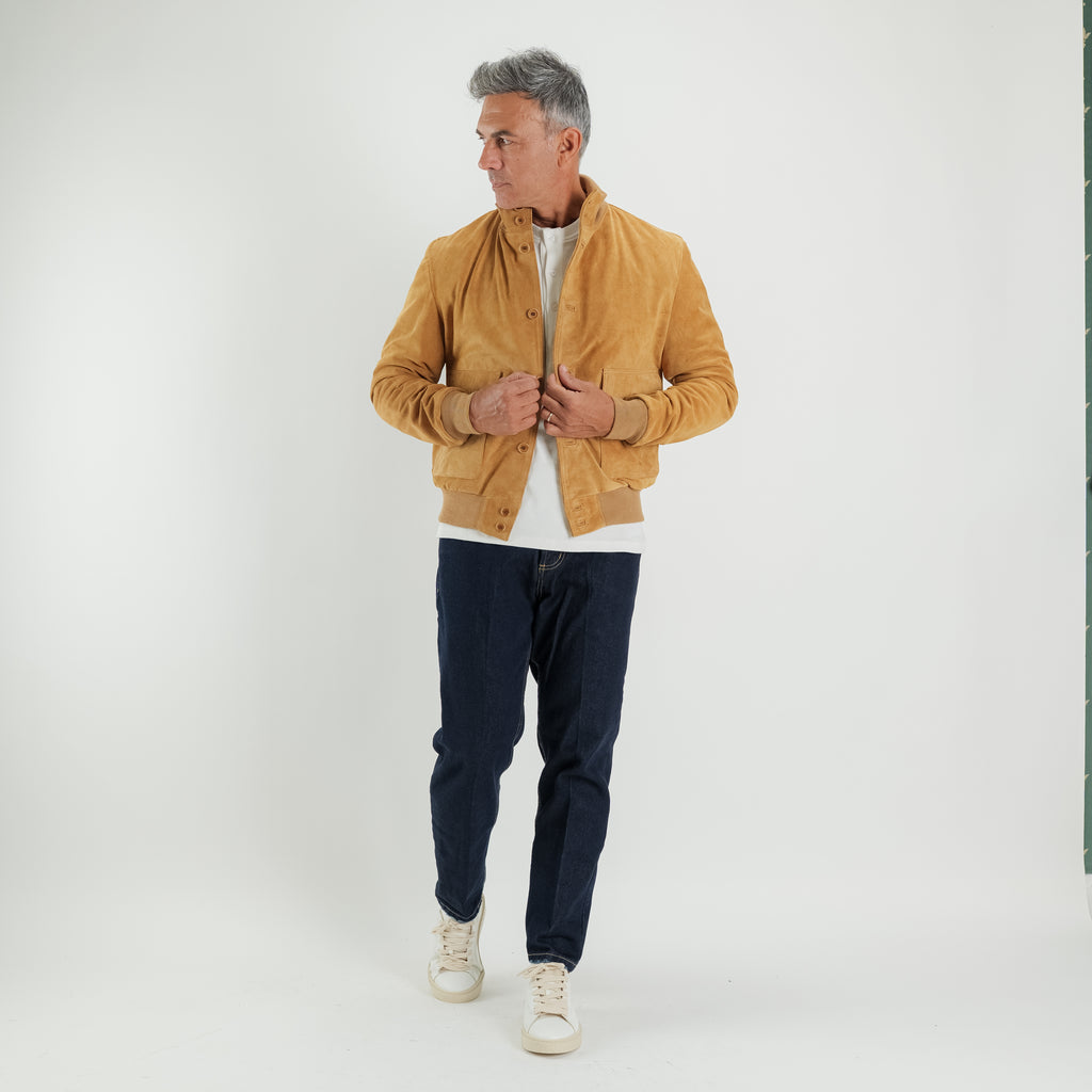 Genuine Split Leather Bomber Jacket with Buttons